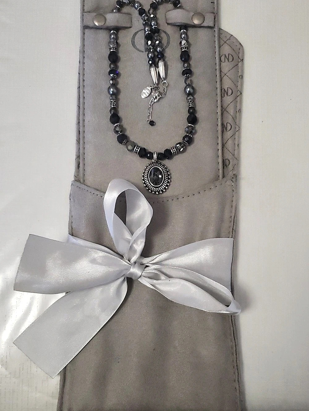 Caroline Néron Beaded Statement Necklace with Crystal Pendant - Silver Tone